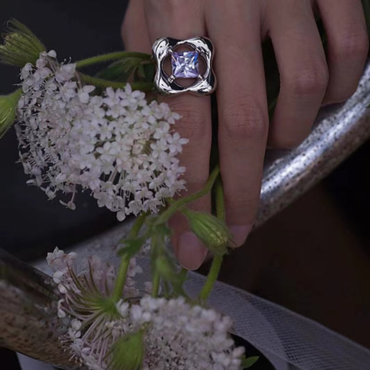 ring female ins niche design geometric zirconia flower jewelry Europe and the United States temperament fashion open ring