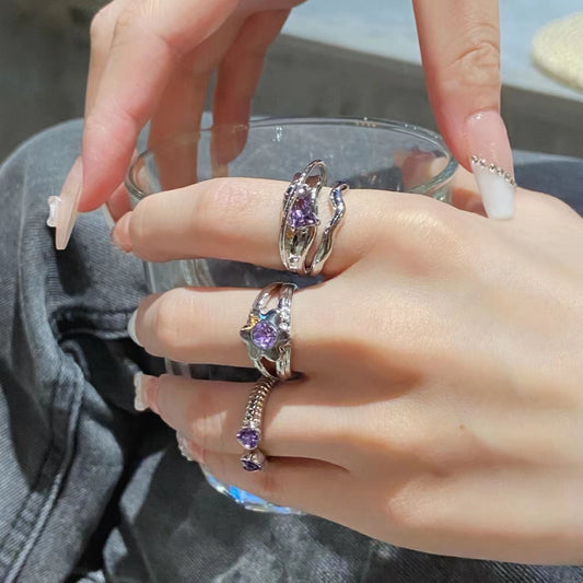 Purple Diamond Pendant, adjustable dream purple trend, sweet cool open ring, original ring of the minority