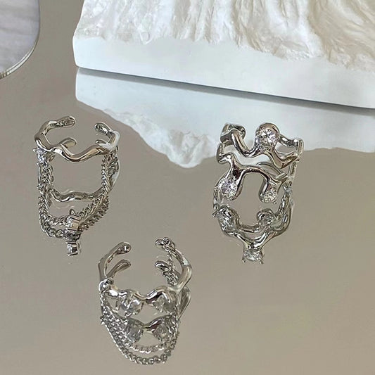 Irregular wavy diamond embellished with cold wind, small crowd, special-shaped combination, stacked open ring