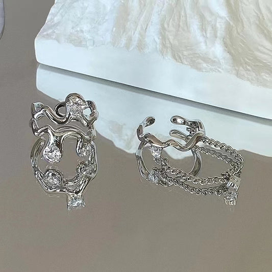 Irregular wavy diamond embellished with cold wind, small crowd, special-shaped combination, stacked open ring