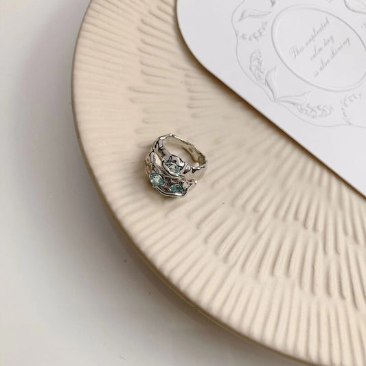 Time poet wave pair ring pure silver blue crystal texture adjustable couple minority design
