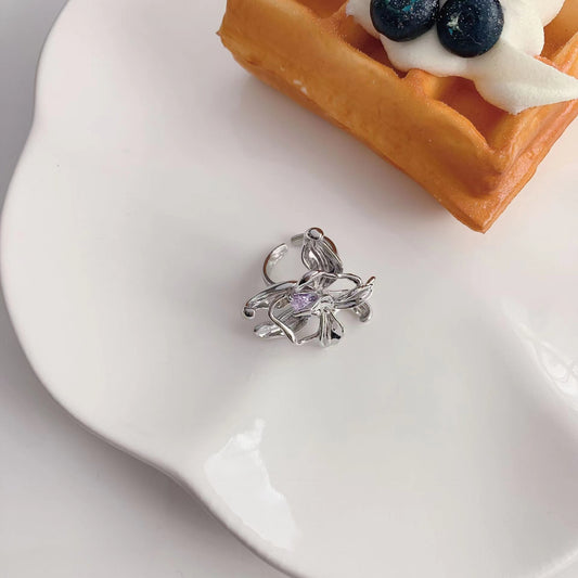 Water drop purple zirconium quasi liquid petal fashion ring personality ring index finger ring
