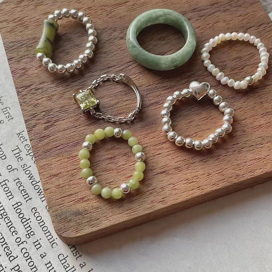 S925 sterling silver ring, small crowd Beaded jade ring (female)