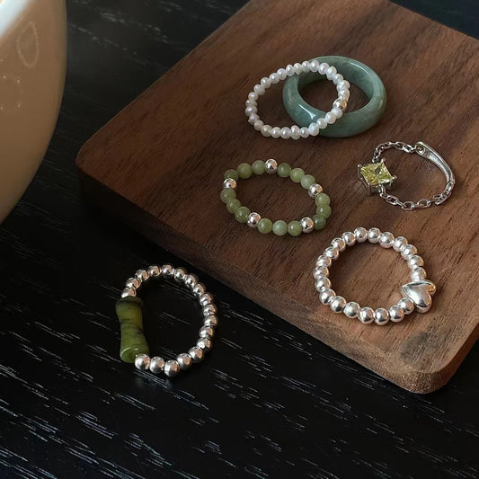 S925 sterling silver ring, small crowd Beaded jade ring (female)
