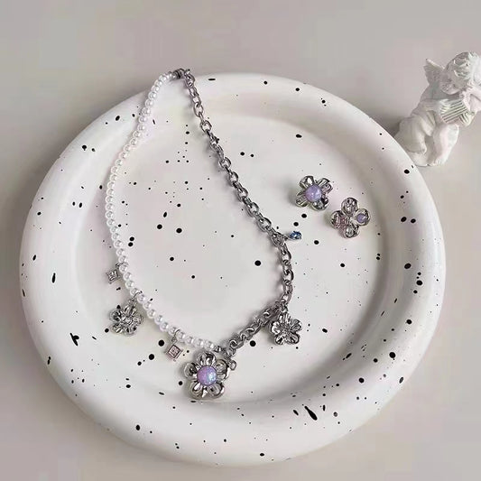 Purple Crystal Pearl mosaic flower earrings zircon metal contrast Necklace