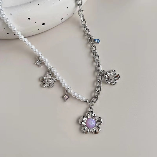 Purple Crystal Pearl mosaic flower earrings zircon metal contrast Necklace