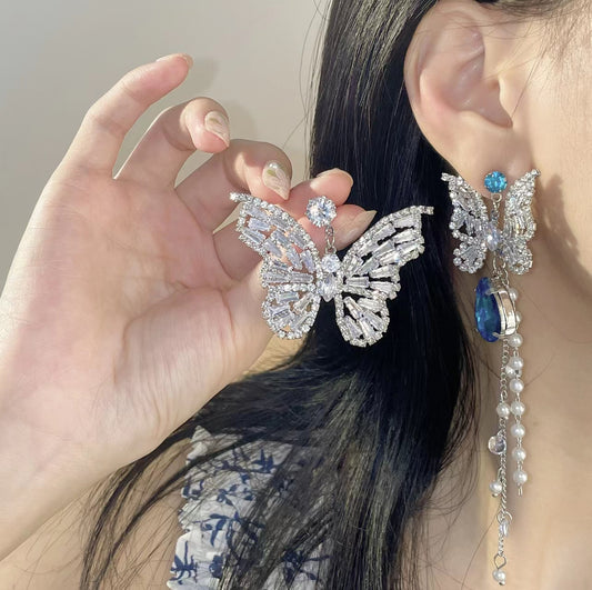 Diamond Butterfly hollow crystal Tassel Earrings asymmetric Earrings long exaggerated Diamond Silver Needle Earrings