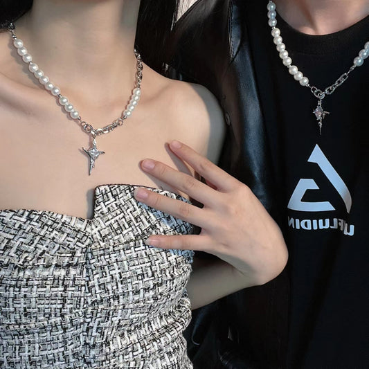 Diamond studded star awn cross necklace, men and women light luxury, minority high sense, pearl collarbone chain, lovers