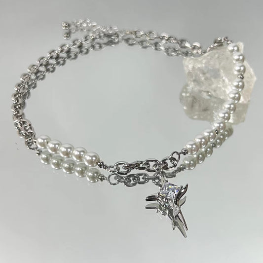 Diamond studded star awn cross necklace, men and women light luxury, minority high sense, pearl collarbone chain, lovers