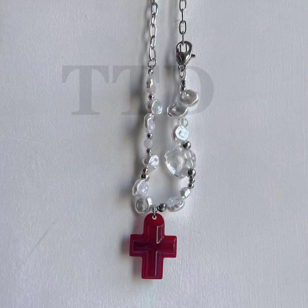 cross love Y2K design sense transparent spice irregular Beaded Necklace