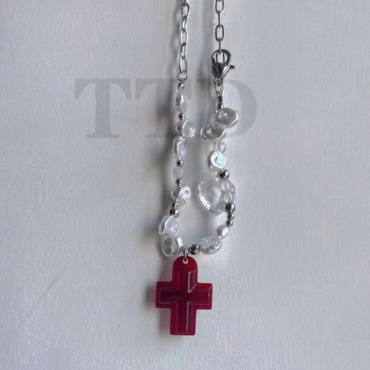 cross love Y2K design sense transparent spice irregular Beaded Necklace