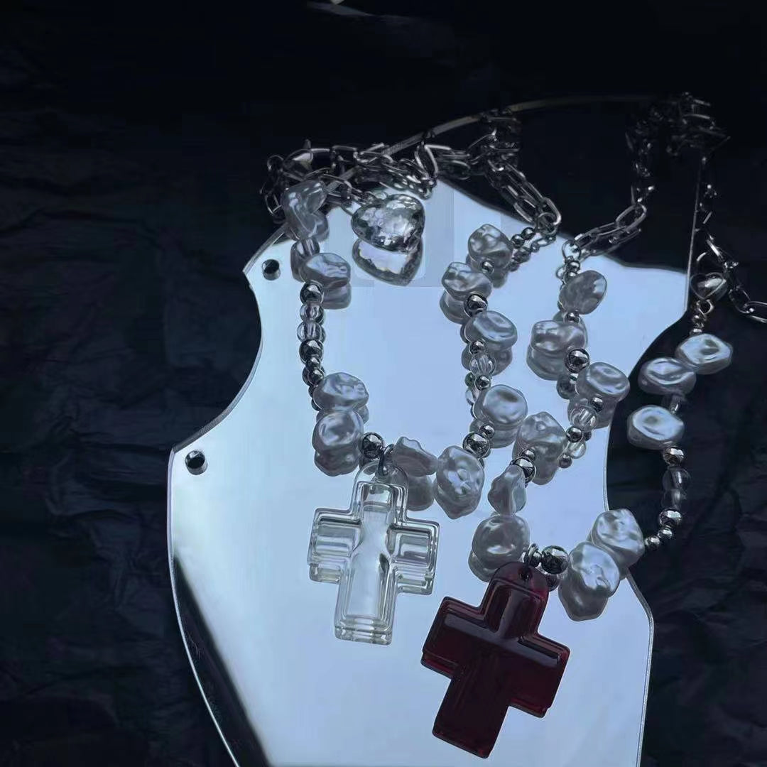 cross love Y2K design sense transparent spice irregular Beaded Necklace