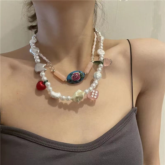 Bohemian cherry pearl dice bamboo irregular stone beads Y2K Necklace collarbone Chain