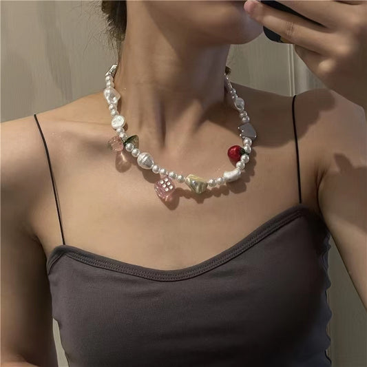 Bohemian cherry pearl dice bamboo irregular stone beads Y2K Necklace collarbone Chain