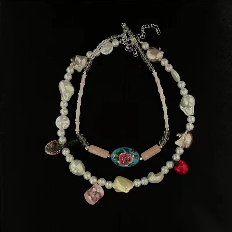 Bohemian cherry pearl dice bamboo irregular stone beads Y2K Necklace collarbone Chain