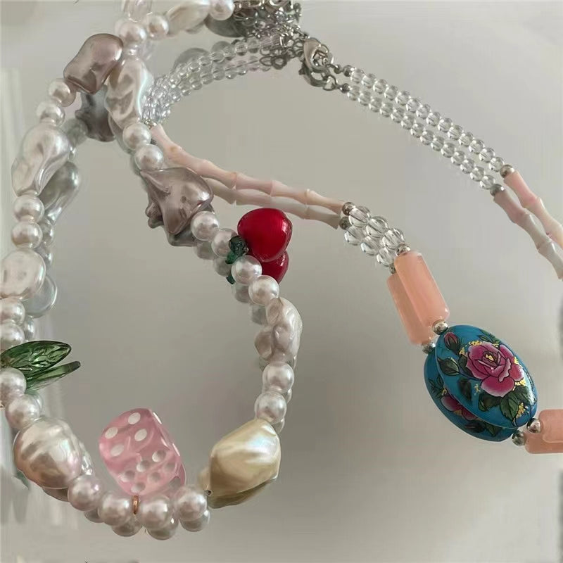 Bohemian cherry pearl dice bamboo irregular stone beads Y2K Necklace collarbone Chain