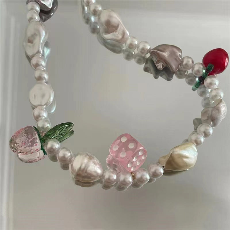 Bohemian cherry pearl dice bamboo irregular stone beads Y2K Necklace collarbone Chain