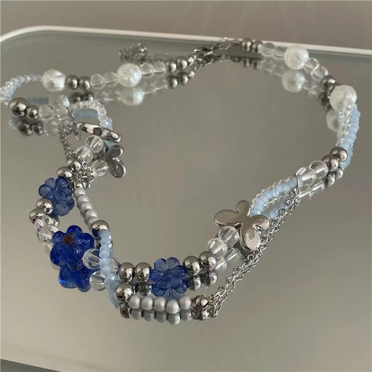 Blue flower butterfly necklace, a female versatile temperament, a collarbone chain