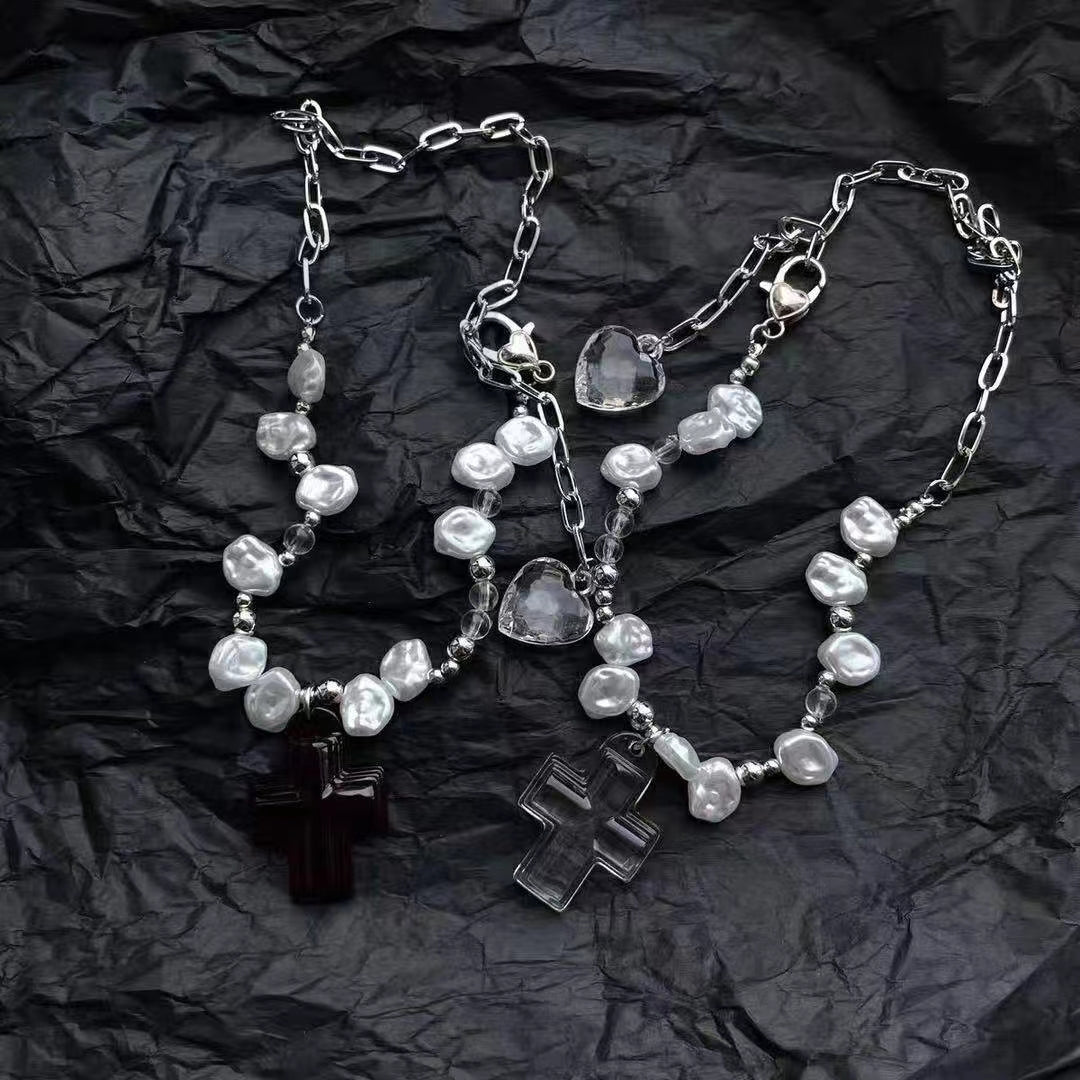 cross love Y2K design sense transparent spice irregular Beaded Necklace