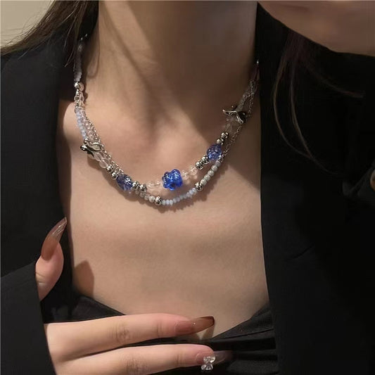 Blue flower butterfly necklace, a female versatile temperament, a collarbone chain