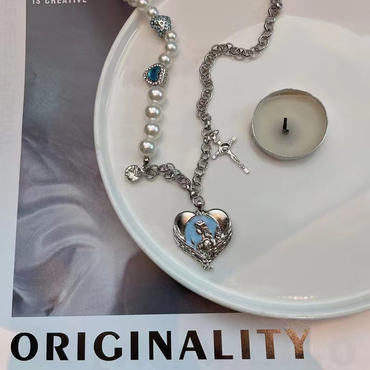 pearl Love Cross Necklace Female Minority titanium steel accessories hip-hop sweet cool style hot girls collarbone chain
