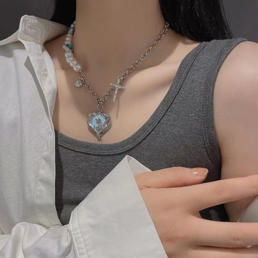 pearl Love Cross Necklace Female Minority titanium steel accessories hip-hop sweet cool style hot girls collarbone chain