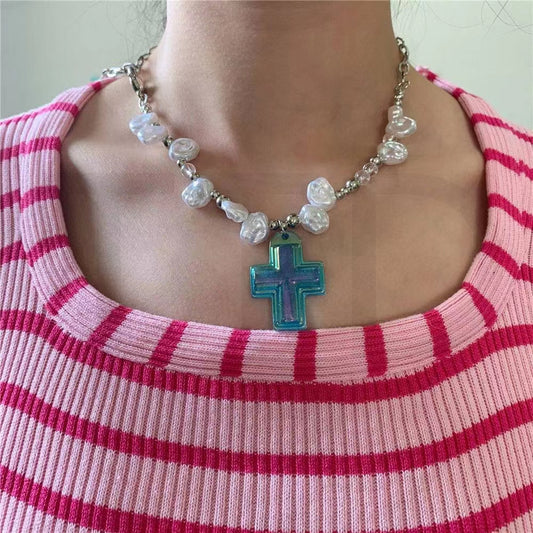 cross love Y2K design sense transparent spice irregular Beaded Necklace