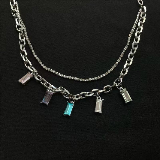 color zircon Tassel Necklace, double layered poison gem, collarbone chain, neck chain