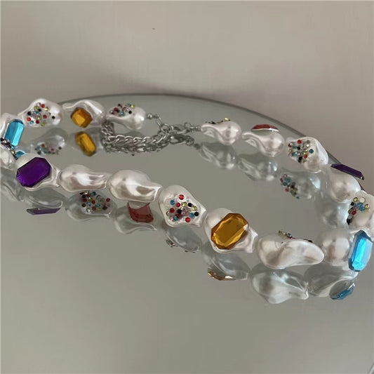 French retro shaped large pearl short clavicle chain Bohemian style handmade colorful