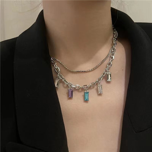 color zircon Tassel Necklace, double layered poison gem, collarbone chain, neck chain