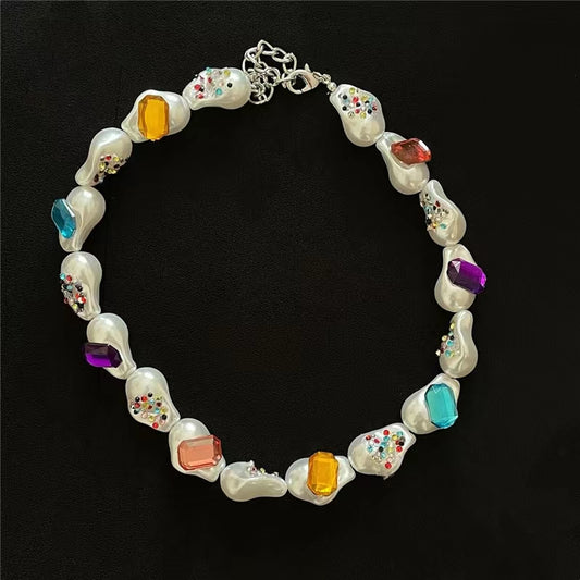French retro shaped large pearl short clavicle chain Bohemian style handmade colorful