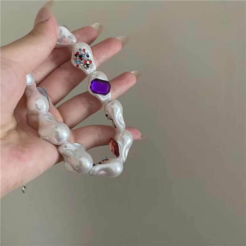 French retro shaped large pearl short clavicle chain Bohemian style handmade colorful