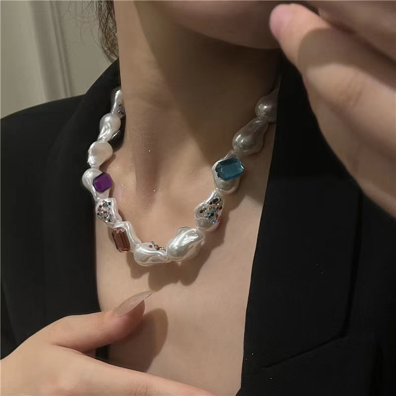 French retro shaped large pearl short clavicle chain Bohemian style handmade colorful