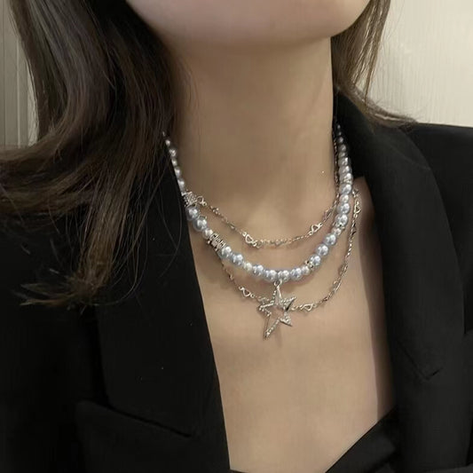 Multi layered stacked small collarbone chain, blue pearl, love diamond, Five Star Pendant