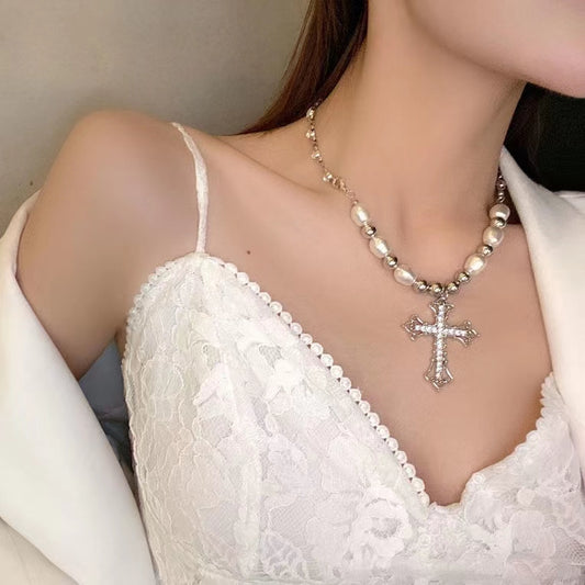 dark Croix cross Pearl Pendant Necklace with diamond and clavicle for men and women