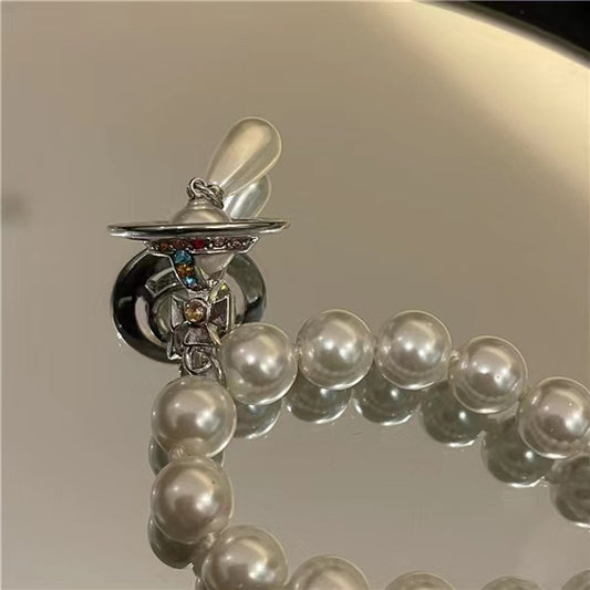 Baroque palace style light luxury pearl texture French Necklace Frisbee planet pearl pendant sweater chain neck chain