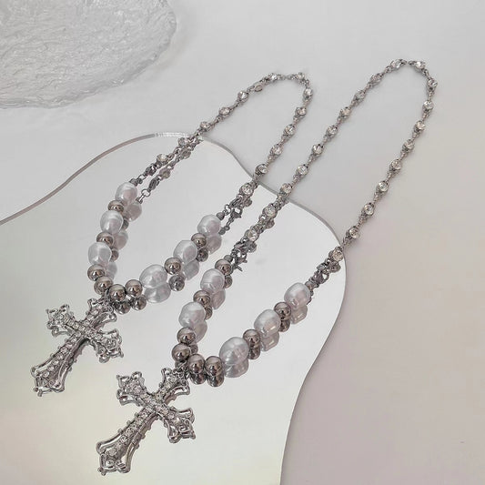 dark Croix cross Pearl Pendant Necklace with diamond and clavicle for men and women