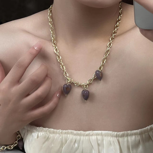violet glazed gold foil Love Pendant Necklace French retro light luxury Earrings Bracelet Set