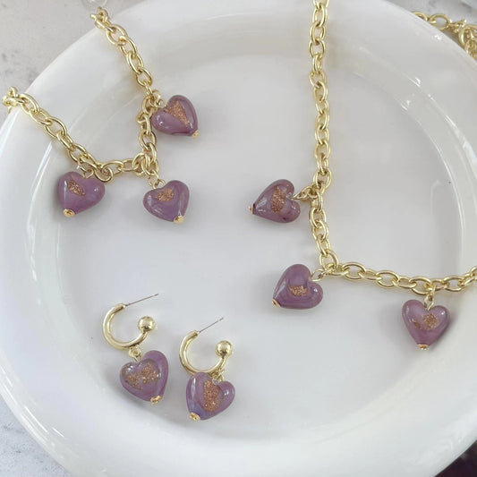 violet glazed gold foil Love Pendant Necklace French retro light luxury Earrings Bracelet Set
