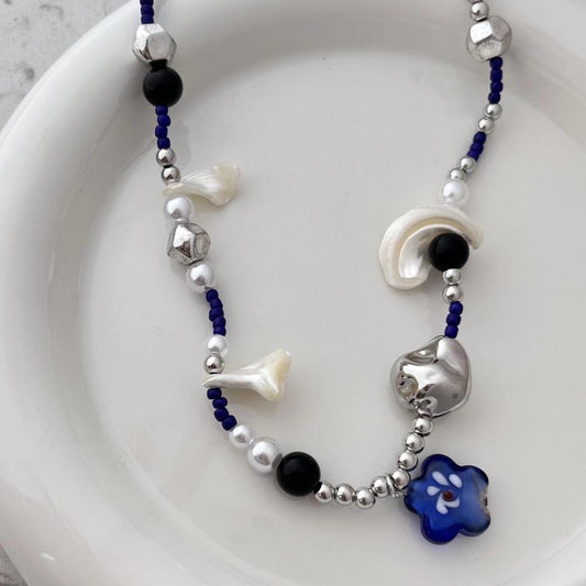 Klein Blue flower shell Y2K Millennium spice girl sweet cool wind Beaded Flower high-grade Necklace