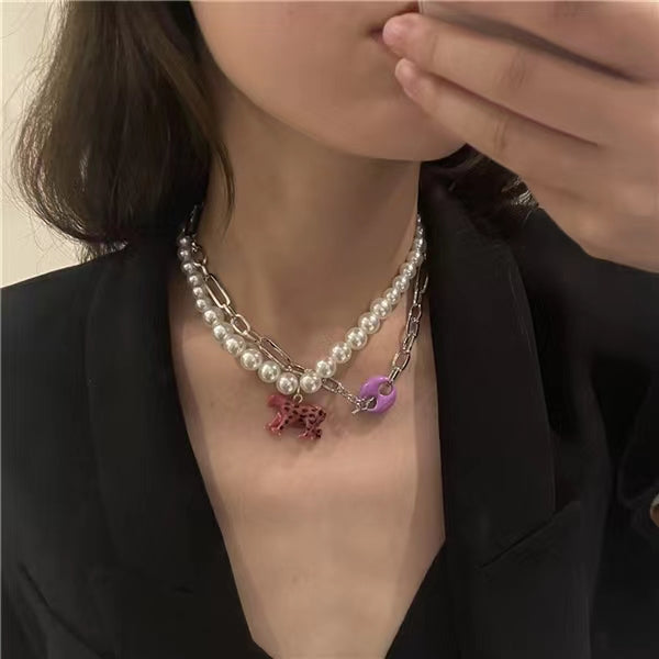 Pearl short clavicle chain Millennium personality painting Leopard Animal Pendant Necklace