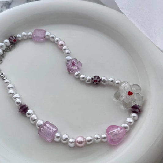 Summer colored glass flower Freshwater Pearl Beaded Necklace, high-grade design, small crowd, collarbone chain