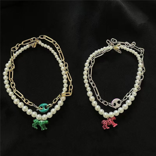 Pearl short clavicle chain Millennium personality painting Leopard Animal Pendant Necklace