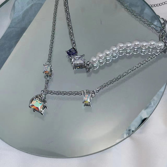 Sweet cool wind dark retro niche gem necklace sparkling zirco necklace superimposed pearl stainless steel necklace