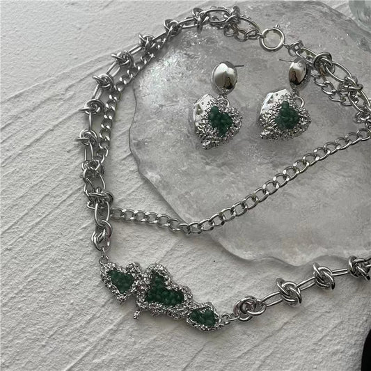 Sweet and cool hot girls double layered melting Love Pendant Necklace female Retro Green Love Earrings
