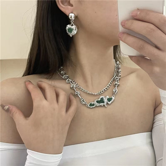 Sweet and cool hot girls double layered melting Love Pendant Necklace female Retro Green Love Earrings