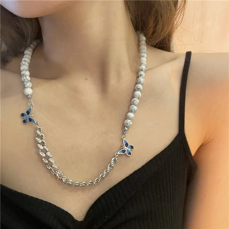 Hip hop pine beads Butterfly Necklace personality sweet cool crazy collarbone chain sweater chain bodyguard chain