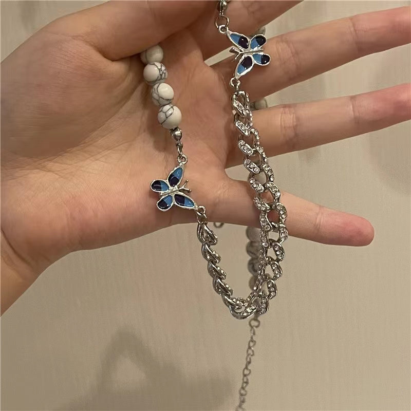 Hip hop pine beads Butterfly Necklace personality sweet cool crazy collarbone chain sweater chain bodyguard chain