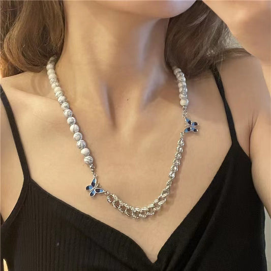 Hip hop pine beads Butterfly Necklace personality sweet cool crazy collarbone chain sweater chain bodyguard chain