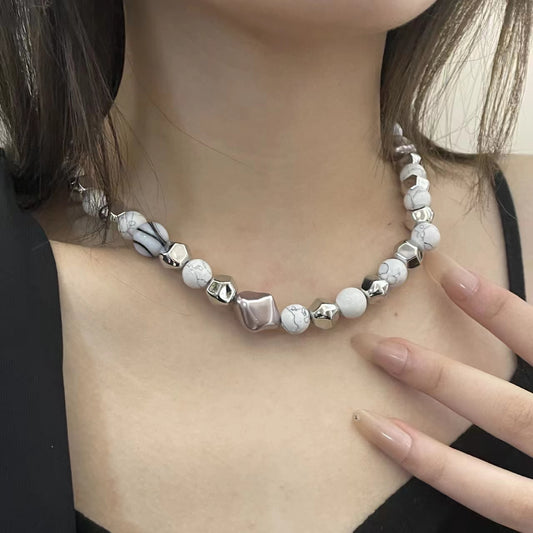 Natural stone beads, thick chain splicing, stainless steel necklace, cool wind, punk trend